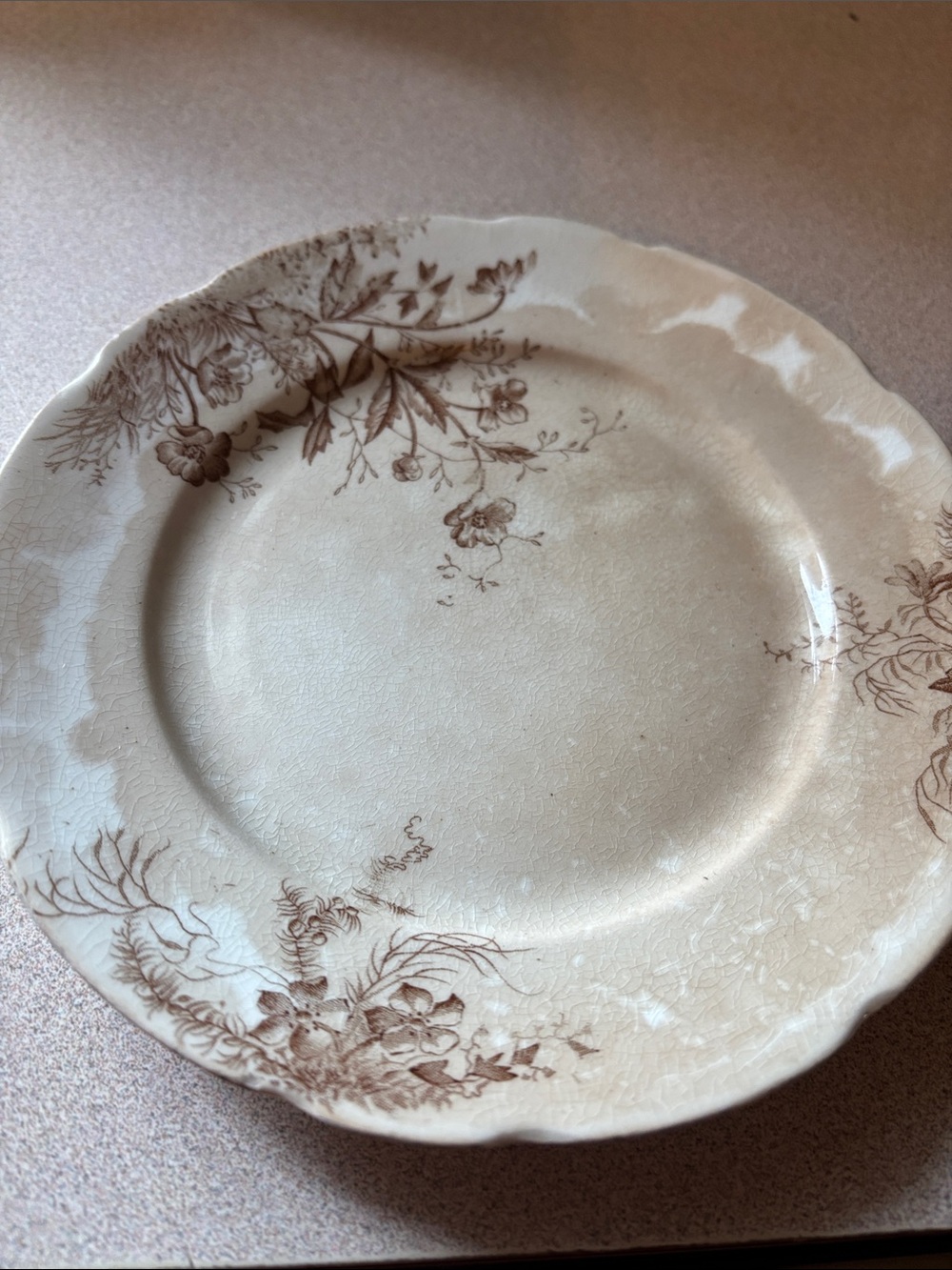 Vintage Floral Ceramic Plate - Brown on Cream